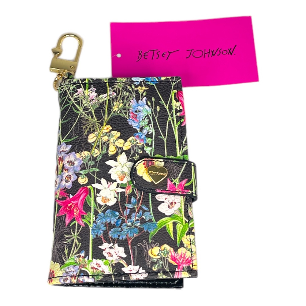 Betsey Johnson Floral Credit Card Wallet with Key Ring Black Pink